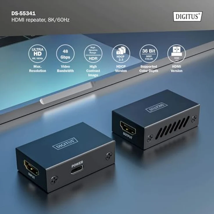 DIGITUS DS-55341 HDMI Repeater – UHD 8K/60 Hz (HDTV: 7680 × 4320p) Max. 10 m – UHD 4K/60 Hz Max. 13 m – Signalverstärker, HDMI 2.1, HDCP 2.3, Deep Color, DTS, Dolby Digital, LPCM – Power: USB-C, Ultra-Slim Design – Bild 5