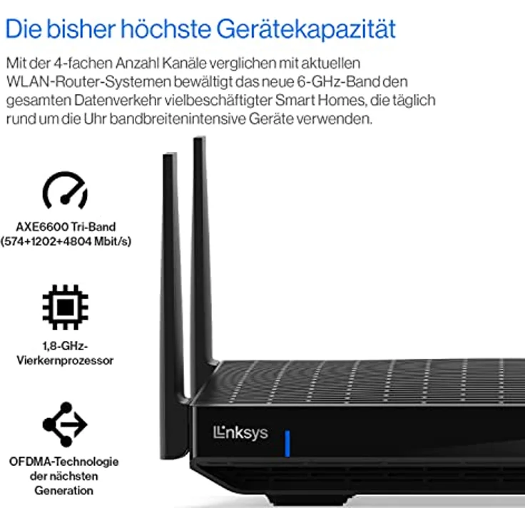 Linksys Hydra Pro 6E Tri‑Band WiFi-6E-Mesh-Router – 8-Stream-Router zum Gamen,Zugriff auf das 6-GHz-Band,bis 6.6 Gbit/s,250 m² Funkabdeckung,mehr als 55 Geräte,geeignet Velop-Mesh-Systeme,MR7500-EU – Bild 4