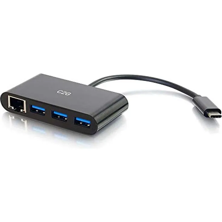 C2G USB-C zu Ethernet-Adapter mit 3-Port-USB-Hub - Schwarz