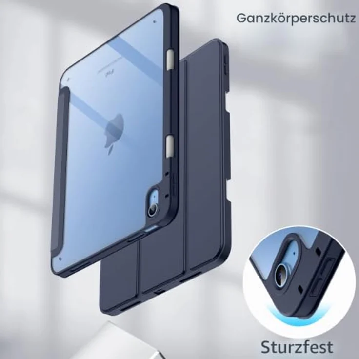JETech Hülle für iPad (A16) 11./10. Gen, navy blau, mit klarer Kristallrückseite und eingebautem Pencil Halter, dreifach faltbare Abdeckung – Bild 4