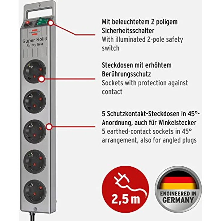 Brennenstuhl Super-Solid, Steckdosenleiste 5-fach (2,5m Kabel und Schalter - aus bruchfestem Polycarbonat) schwarz-silber – Bild 2