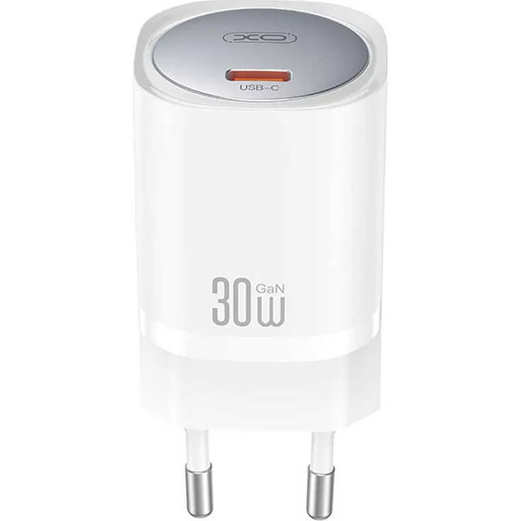 XO CE20 Netzladegerät, 30W PD, GaN, kompakt, USB-C, weiß mit silbernem Akzent