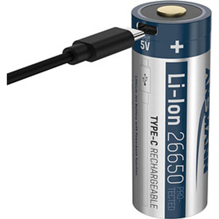 ANSMANN USB-Akku Li-Ion 26650 5100 mAh mit Ladekabel, für LED-Taschenlampen und Stirnlampen