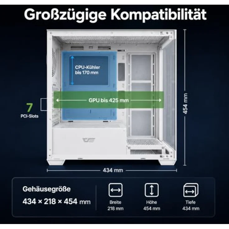 Darkflash Tech DS900 Midi Tower Gehäuse, Weiss, mit doppelt transparenten Glaswänden, Platz für 10 Lüfter und USB Typ C Anschluss – Bild 3