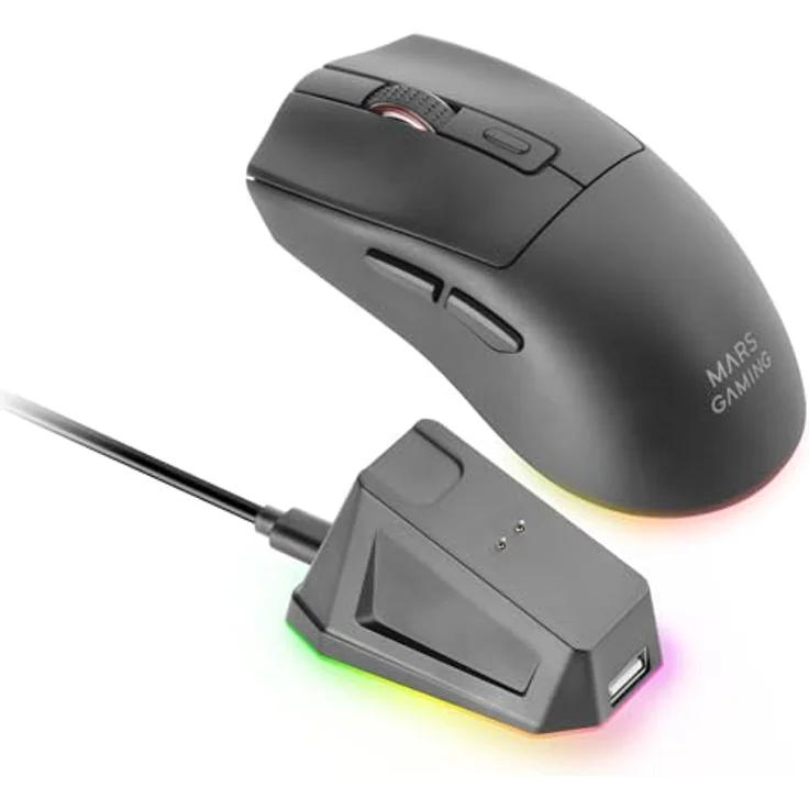 Mars Gaming MM-T3, Ultralight Kabellose Maus mit 14400 DPI, Bluetooth 5.0 + 2.4 GHz + Kabel, RGB-Ladestation, Schwarz – Bild 1