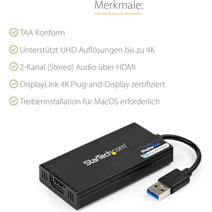 StarTech.com USB3.0 to 4K HDMI External Multi Monitor Video Graphics Adapter - Externer Videoadapter - DisplayLink DL-5500 - SuperSpeed USB3.0 - HDMI - Schwarz (USB32HD4K) – Bild 4