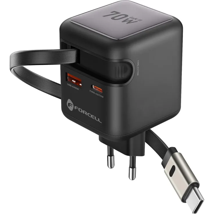 Forcell 70W GaN III Ladegerät USB-C, USB-A & integriertes Kabel, Schwarz, Schnellladung bis zu 3 Geräten