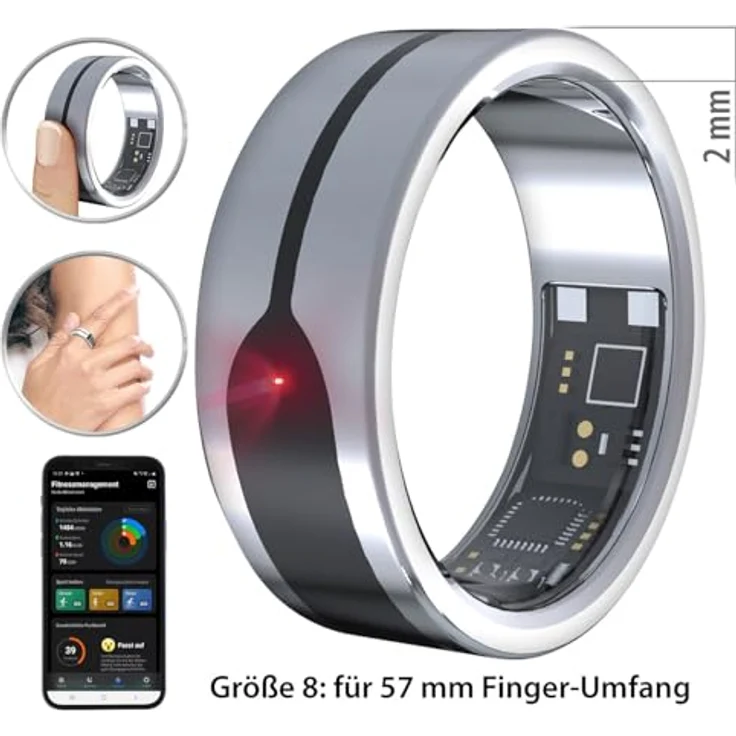 Newgen Medicals Schlaftracker-Ring, Fitness-Tracker mit Herzfrequenz- & SpO2-Anzeige, silber, Gr.57, wasserdicht, 2 mm dünn – Bild 3