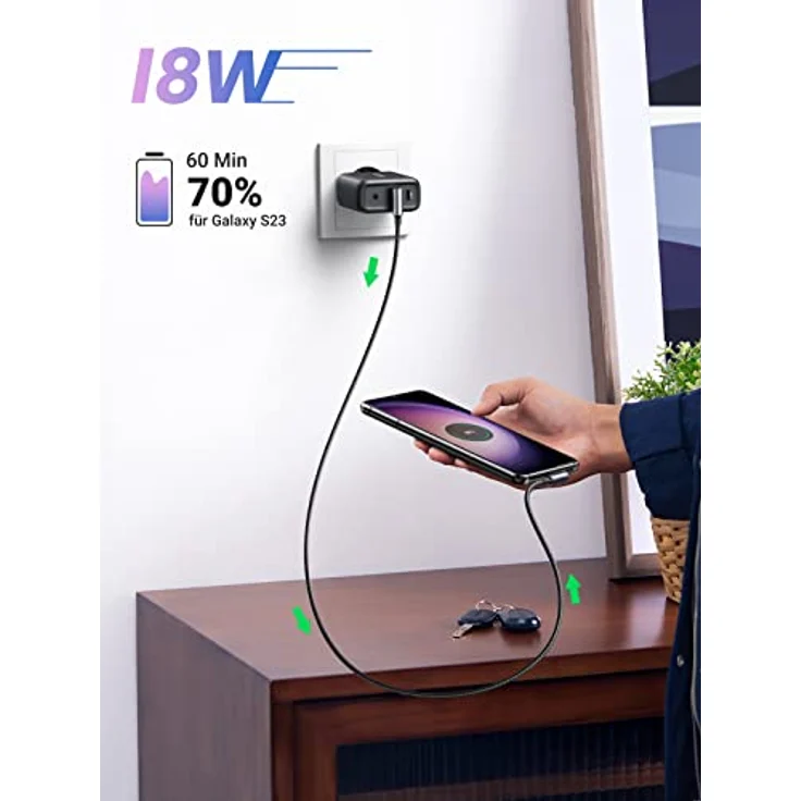 UGREEN USB C Ladekabel Winkel Nylon USB auf USB C Kabel 1M, 90 Grad Winkelstecker, 480 Mbps, Galaxy S24/S24+/S23, Redmi 10, iPhone 15 Pro Max - Schwarz – Bild 2
