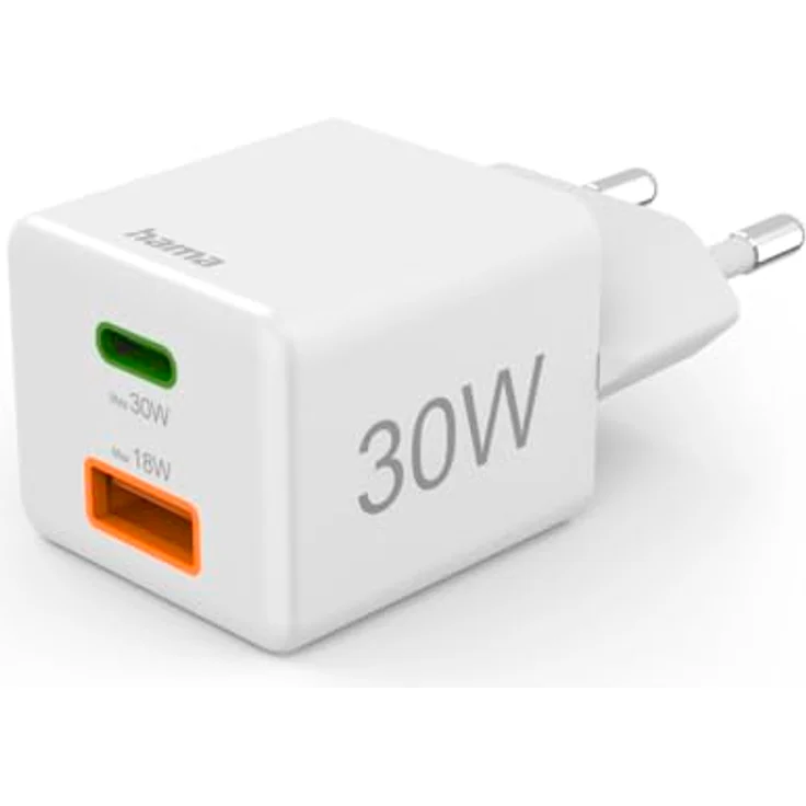 Hama Schnellladegerät, 1x USB-C PD, 1x USB-A QC, Mini-Ladegerät, 30 W, Weiß – Bild 1