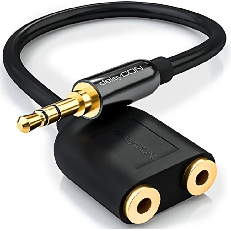 deleyCON AUX Stereo Audio Klinken Adapter, 2x 3,5mm Buchse auf 1x 3,5mm Stecker, Metall vergoldet, Schwarz, hohe Soundqualität für HiFi-Anlagen
