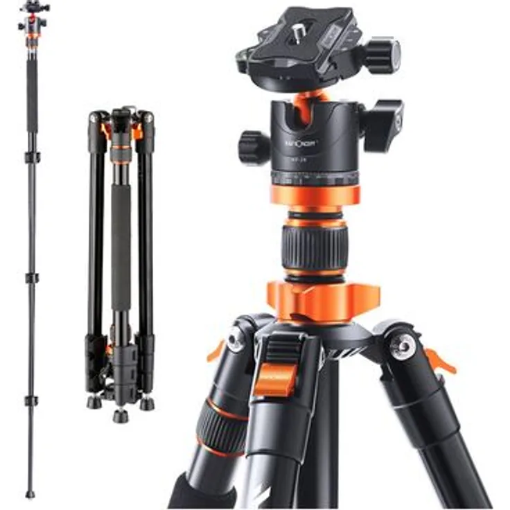 K&F Concept Tripod K234A6, Aluminium Stativ mit einstellbarer Höhe und Schnellwechselplatte, schwarz