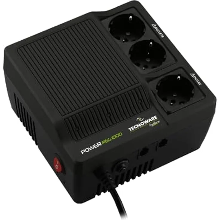 Tecnoware Spannungsstabilisator 1000VA, einphasiger Stromregler für Modem, Router und PC, Schutz vor Stromschwankungen, 3 Schuko-Ausgänge, LED Statusanzeige