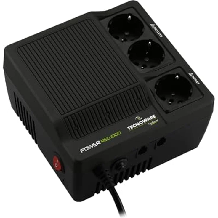 Tecnoware Spannungsstabilisator 1000VA, einphasiger Stromregler für Modem, Router und PC, Schutz vor Stromschwankungen, 3 Schuko-Ausgänge, LED Statusanzeige – Bild 1