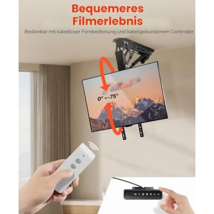 VEVOR motorisierte TV Deckenhalterung, höhenverstellbar für 32-65 Zoll Fernseher, max. VESA 60x60 cm, bis 40 kg tragfähig, mit Fernbedienung und Neigungsverstellung bis -75° – Bild 5