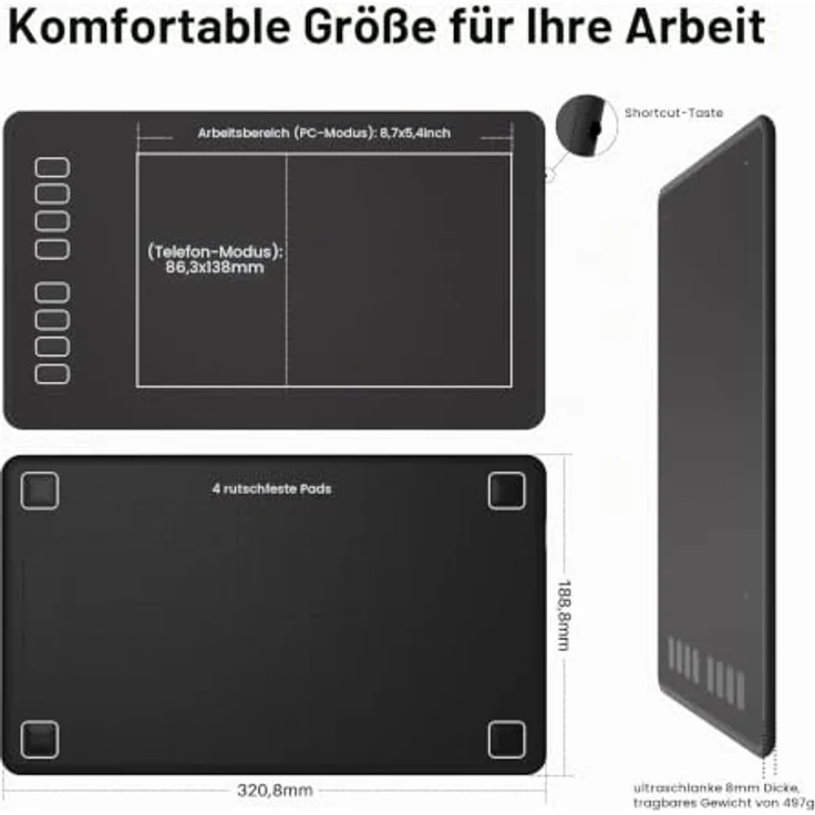 HUION H950P, Grafiktablett, kabelgebunden, 5080 lpi, 220 x 137 mm, USB, Schwarz – Bild 2