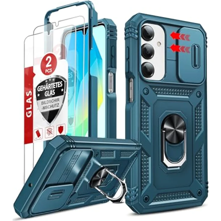 LeYi Objektivschutz Hülle für Samsung Galaxy A16 5G, kratzfeste Schutzhülle mit 2 Glasfolien und Ringhalterung, Blau – Bild 1