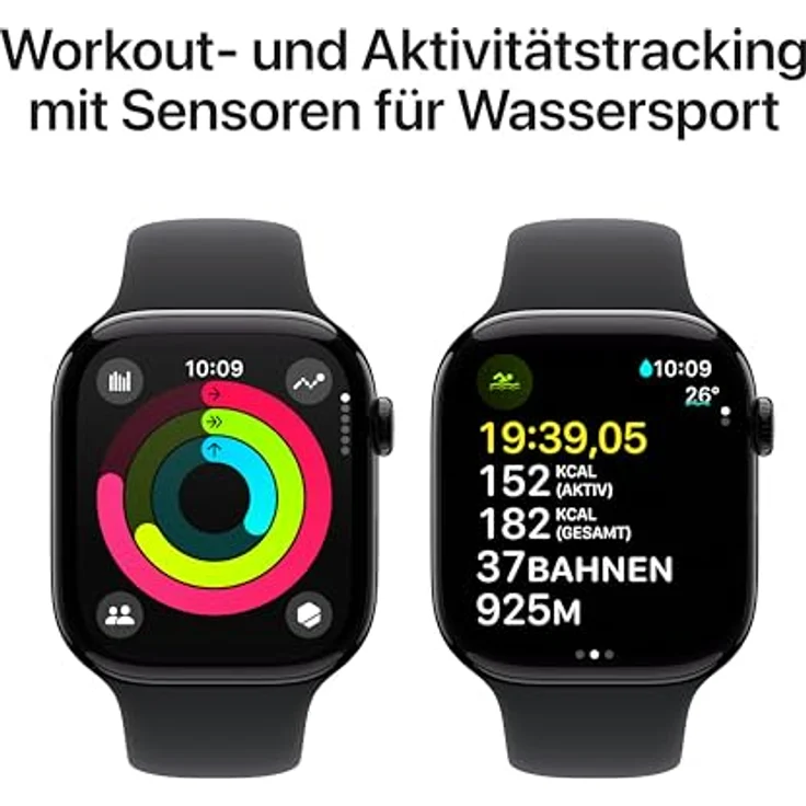 Apple Watch Series 10, 46 mm, GPS, Aluminiumgehäuse Diamantschwarz, Sportarmband Schwarz, S/M – Bild 4