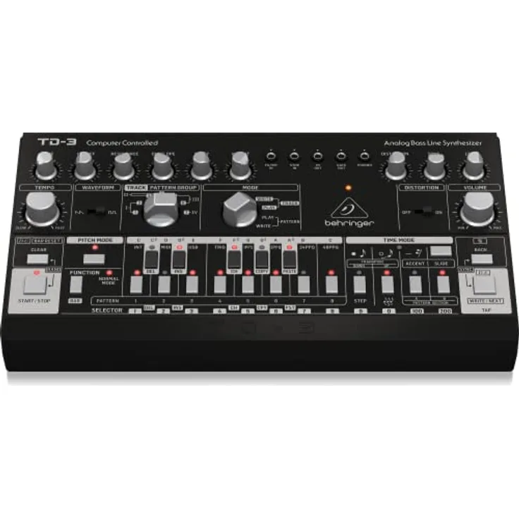 Behringer TD-3 BK, Analog-Synthesizer Clone der Roland TB-303 mit 16-Schritt Stepsequencer und Distortion Effekt, schwarz
