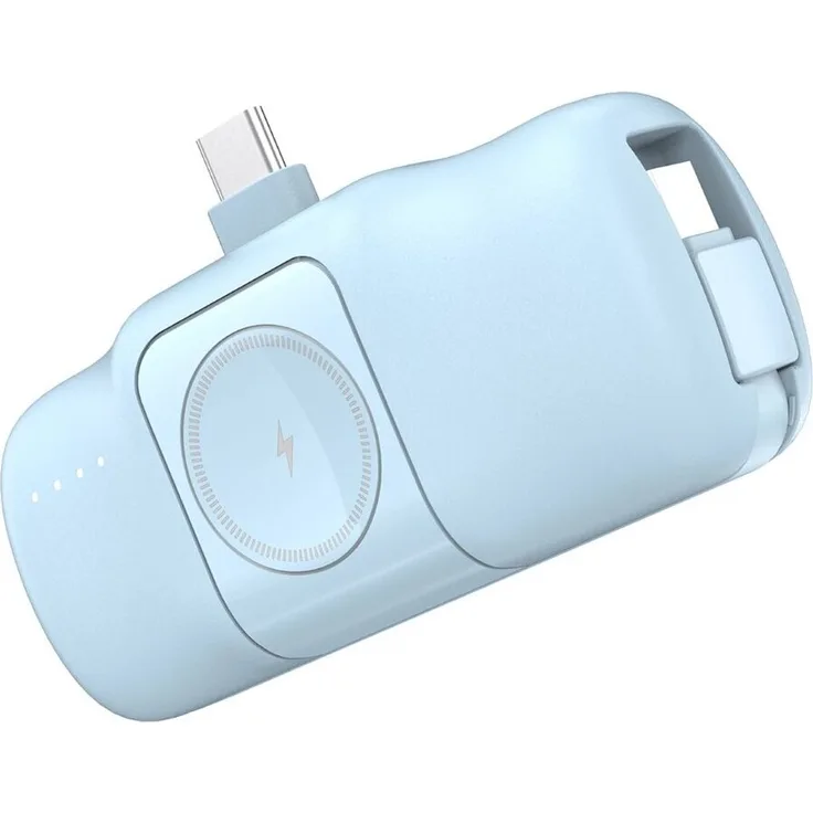 WOZINSKY Mini-Powerbank WF16-YCS mit integriertem USB-C-Kabel und Apple Watch Ladegerät 5000 mAh 15 W Blau