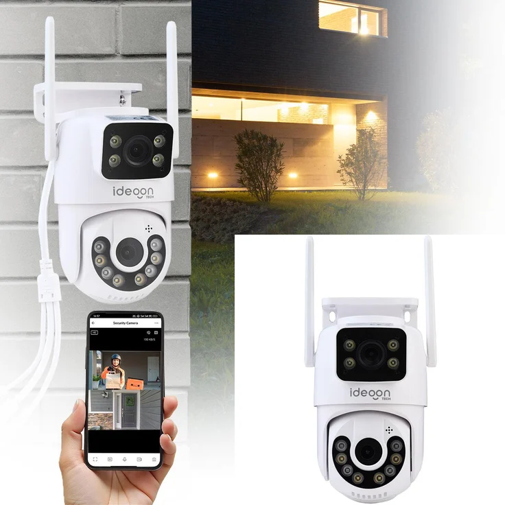 ideoon Dual Lens IP Outdoor-Überwachungskamera, 355° schwenkbar & neigbar, Full HD Nachtsicht, Gegensprechen & Bewegungserkennung