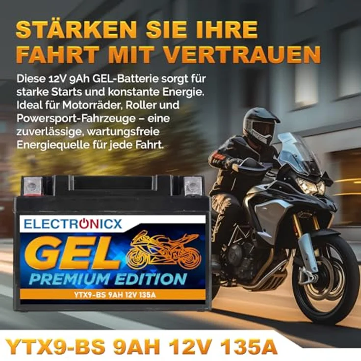 Electronicx GEL-YTX9-BS, GEL-Motorradbatterie 9Ah 12V, wartungsfrei, auslaufsicher, rüttelfest für Motorrad, Roller, Quad und ATV – Bild 2