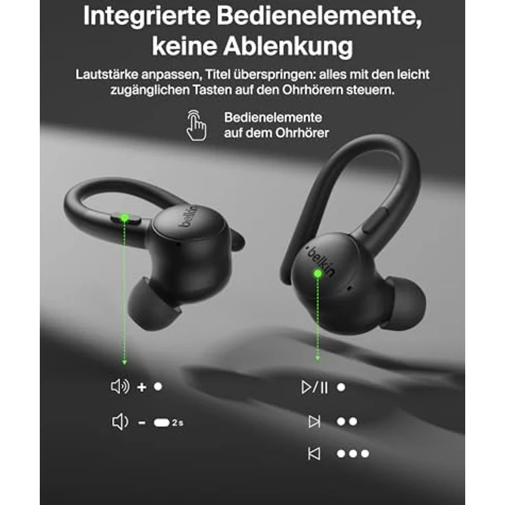 Belkin Activefit Sports In-Ear Kopfhörer AUC016hqBK, kabellos, ANC, 36 h Akkulaufzeit, ergonomisches Design, Schwarz – Bild 5