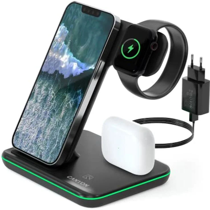 CANYON 3 in 1 Ladestation iPhone Airpods Kompatibel mit AirPods, iPhone Wireless Charger für Qi Geräte Adapter 18W (Schwarz - Mit Ladeanschluss für Airpods) – Bild 1