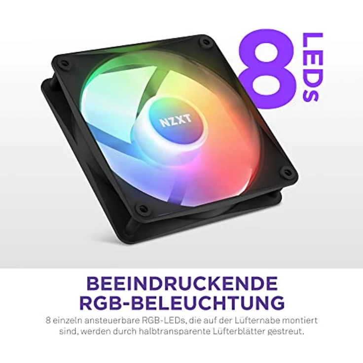 NZXT F120 RGB Core – 120 mm nabenmontierter RGB-Lüfter – 8 einzeln ansteuerbare LEDs – Halbtransparente Lüfterblätter – Hydrodynamisches Gleitlager – PWM-Steuerung – CAM-Software – Schwarz – Bild 2