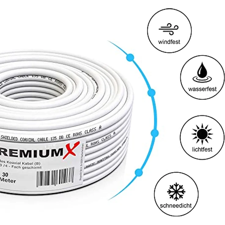Premium X 30m Koaxialkabel, 135dB 4-fach abgeschirmt, 4K UHD, DVB-S/S2, DVB-C, DVB-T, 10x F-Stecker – Bild 3