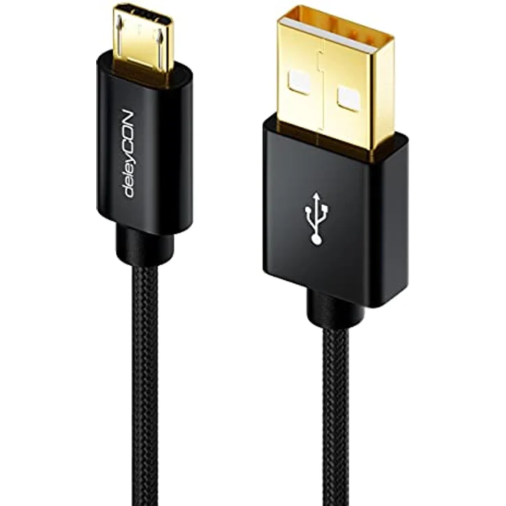 deleyCON 0,15m Micro USB Kabel Nylon, USB 2.0 Datenkabel, Schwarz, 480 Mbit/s Übertragungsrate – Bild 2