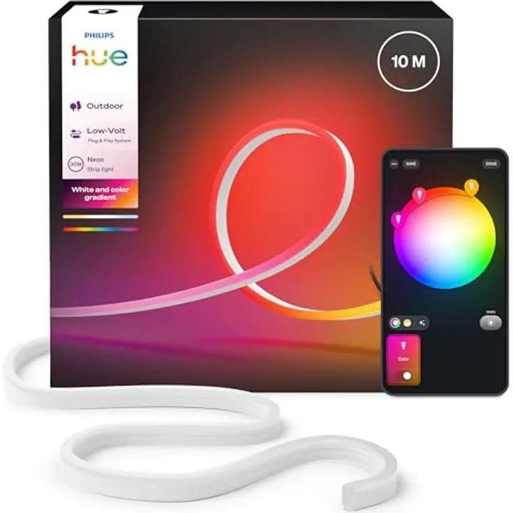 Philips Hue Neon Outdoor, 10-Meter Mehrfarbiger LED-Lightstrip mit 1100 lm, Wetterfest, Flexible Außenbeleuchtung, Chromasync™-Farbmischung, App- und Sprachsteuerung