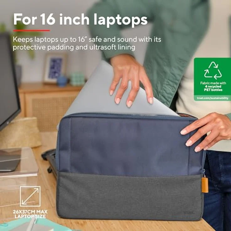 Trust Lisboa Laptophülle 16 Zoll, Laptoptasche aus Recycelten PET-Flaschen, Arbeitstasche Laptop Sleeve, Tasche Herren Damen für MacBook Notebook HP Dell Asus Lenovo Reisen Business - Blau – Bild 2