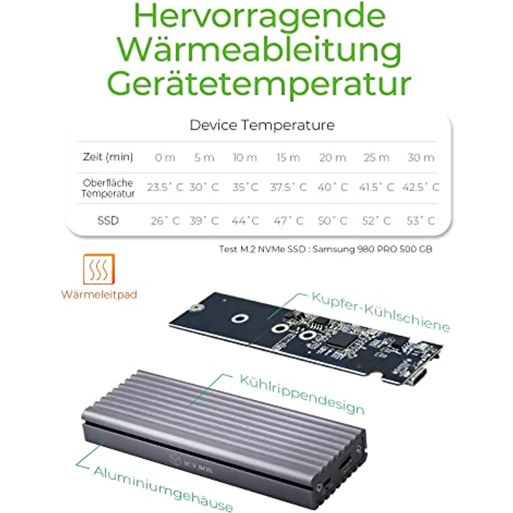 ICY BOX SSD M.2 NVMe Gehäuse, USB 3.1 (Gen2, 10 Gbit-s), Kühlsystem, USB-C, USB-A, PCIe M-Key, Aluminium, grau – Bild 5