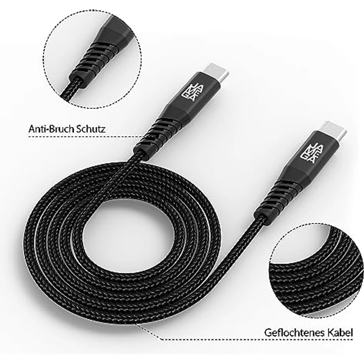JAMEGA - USB Typ C Kabel Schwarz 2m | Fast Charge Sync für iPhone 15 Pro Max iPad Pro Air Samsung Macbook Tablets Huawei – Bild 3