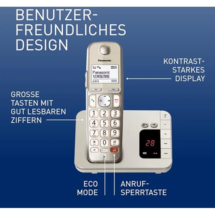 Panasonic KX-TGE260GN Schnurlostelefon mit Anrufbeantworter, bis zu 1.000 Telefonnummern sperren, übersichtliche Schriftgröße mit starkem Kontrast , extra lauter Hörer, Voll-Duplex Freisprechen, champagner – Bild 2
