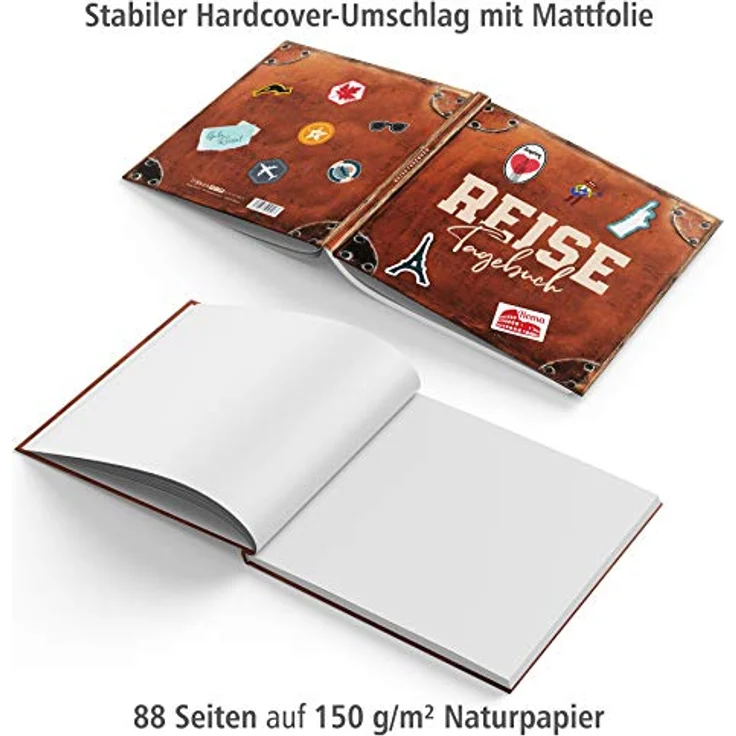 itenga Reisetagebuch Koffer, 21,0 x 21,0 cm, 88 Blanko Seiten aus 150 g/m² Naturpapier, stabiler Hardcover-Umschlag mit Mattfolie, ideal für Urlaubserinnerungen – Bild 4