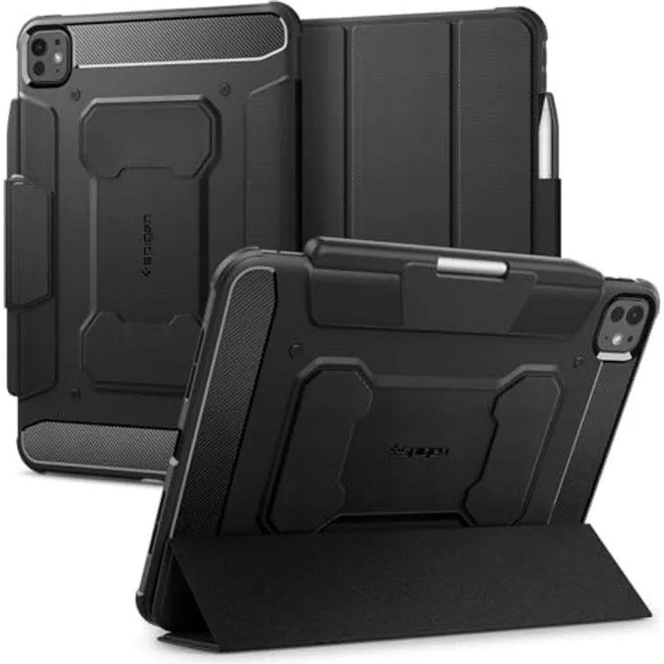 Spigen Rugged Armor Pro Hülle für iPad Pro 11 Zoll 5.Generation M4 (2024) - Schwarze Schutzhülle mit Stifthalter und Auto Schlaf/Wach Funktion