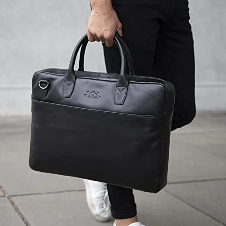 SID & VAIN große Laptoptasche schmal echt Leder - 15.4 Zoll Laptop Business-Tasche Boston L - Umhängetasche Aktentasche mit Laptop-Fach - Ledertasche Herren und Damen schwarz handgefertigt – Bild 3