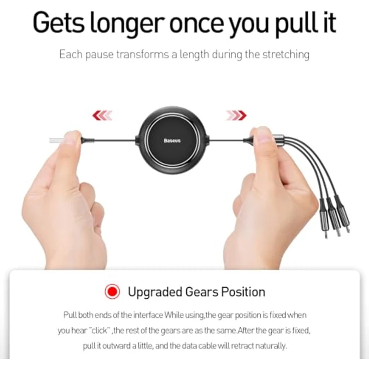 Baseus Golden Loop 3-in-1 USB-Kabel, ausziehbar, micro USB/Lightning/USB-C, 3.5A, Länge 35-120 cm, Schwarz (Modell: CAMLT-JH01) – Bild 3