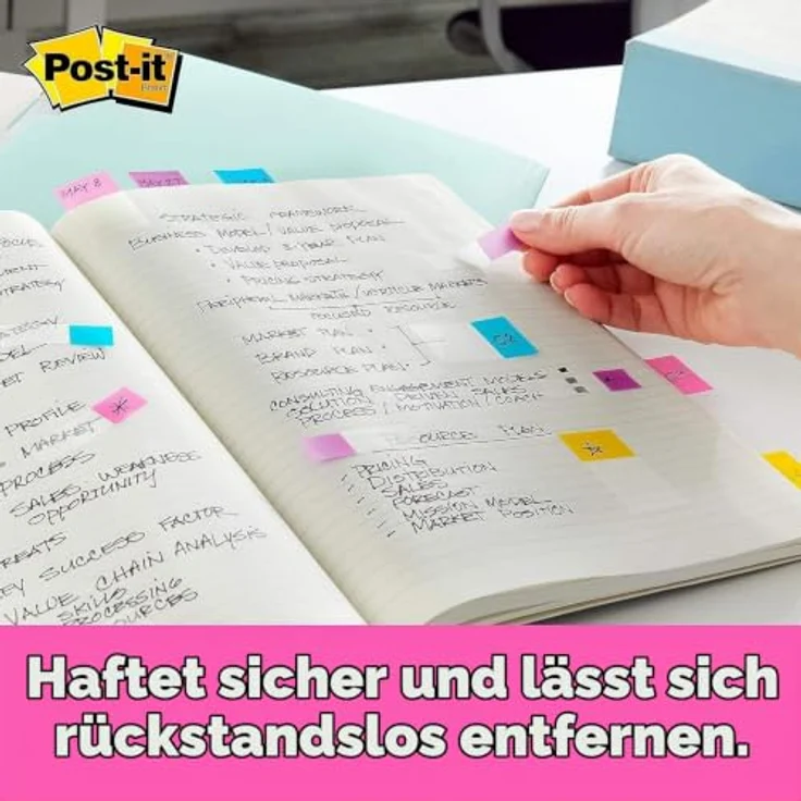 Post-it® Haftstreifen Index Standard I680, selbstklebend, wiederverwendbar, signalstark, blau, 50 Stück 25,4 x 43,2 mm – Bild 4