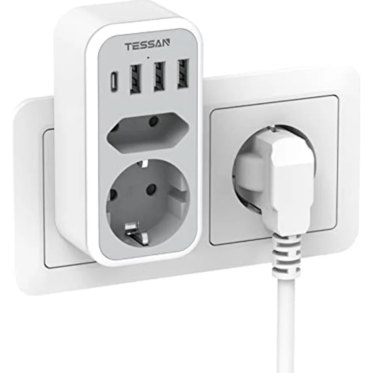 TESSAN Mehrfachsteckdose, Doppelstecker für Steckdose, Steckdosenadapter 2Fach mit 4 USB Netzstecker, Mehrfachstecker für Steckdose und USB C Adapter, Grau – Bild 1
