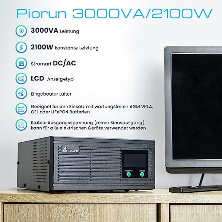 Notstromversorgung UPS EXTRALINK Piorun 3000VA/2100W Wechselrichter Reiner Sinus 24VDC USV Inverter LCD Integrierter Schutz CPU-Steuerung unterbrechungsfreie Spannungsversorgung USV Stromversorgung – Bild 2
