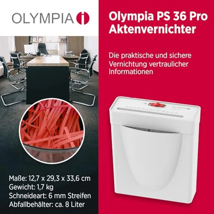 OLYMPIA PS 36 Pro Aktenvernichter, Streifenschnitt P-2, 6 mm, für bis zu 6 Blatt, weiß, mit Rücklauffunktion und Überhitzungsschutz – Bild 2