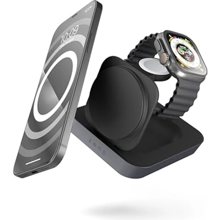 Zens Nightstand Magnetic Wireless Charger Pro 2, kabelloses MagSafe und Qi2-Ladegerät (15 W) für iPhone und AirPods, inkl. 20-W-Netzteil und 1,5-m-Kabel, Schwarz – Bild 1