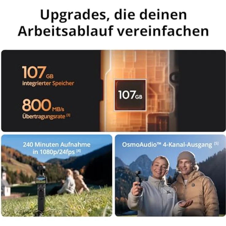 DJI Osmo Pocket 4 Standard Combo, Pocket-Gimbal-Vlog-Kamera mit 1″ CMOS, 4K/240fps, 3-Achsen-Stabilisierung, 2× verlustfreier Zoom, 107 GB Speicher – Bild 5