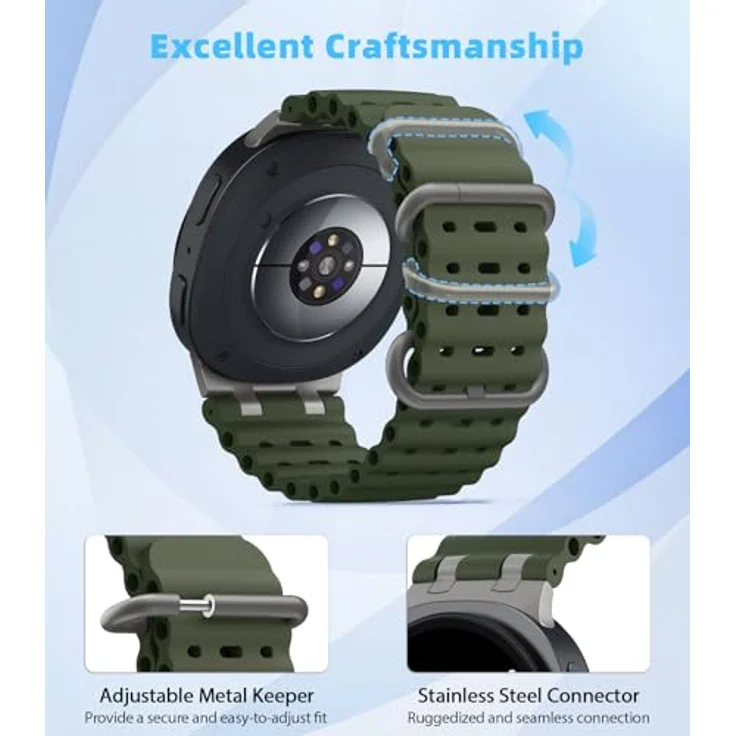 MoKo Ocean Armband für Samsung Galaxy Watch 8 und 8 Classic, atmungsaktives Silikon mit Metallverbindern, Titan/Armeegrün, für Herren und Damen – Bild 4