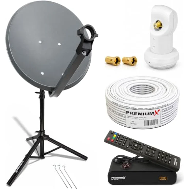 PremiumX Camping Satelliten-Komplettanlage 60cm Anthrazit, SAT Single LNB mit Dreibein Stativ, Digital FullHD DVB-S2 HD Receiver, TV Kabel – Bild 1