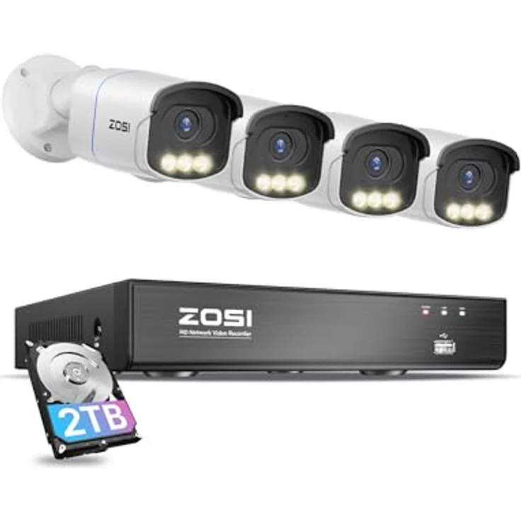 ZOSI AuroraLux 4K PoE Überwachungskamera Set mit 2TB HDD, 4X 8MP Aussen Kamera in Echtfarben-Nachtsicht, F1,0-Blende, KI Personenerkennung, C186A – Bild 1
