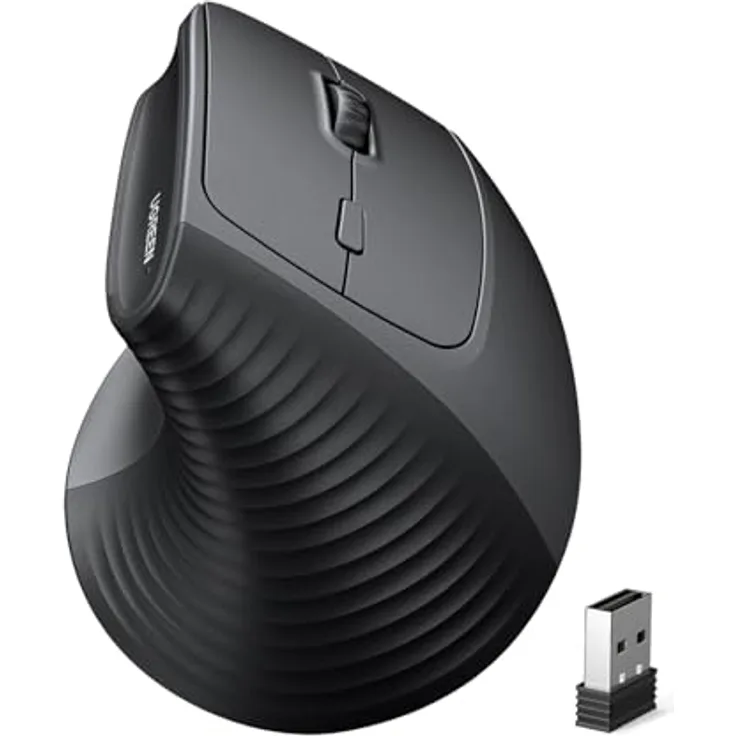 UGREEN Vertikale Ergonomische Maus, Kabellos 2.4G für Windows/Mac OS, 1000/1600/2000/4000 DPI, 6 Tasten, Schwarz